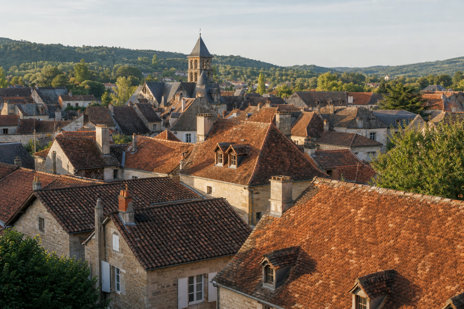 Vue éloignée sur les toitures traditionnelles en tuiles du secteur de Brive-la-Gaillarde, en Corrèze